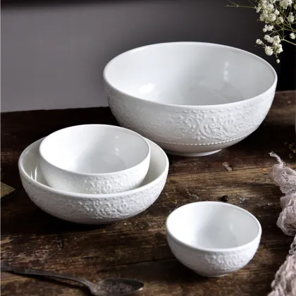 Wholesale Hotel Royal Worsted White Embossed Porcelain Dinner Bowl