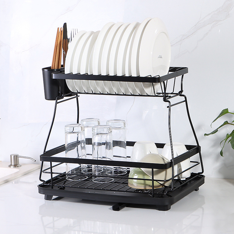 2 Tier Black Metal Dish Rack mit Tablett