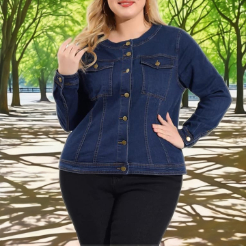 Women's Plus Size Oversized Denim Jacket: Perfect for Autumn with Long Sleeves, Crew Neck, and Button Detail