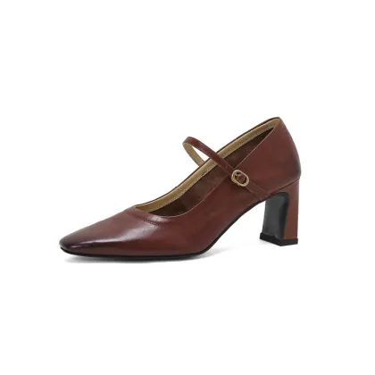 Square Toe Leather Buckle Mid Heel Mary Jane