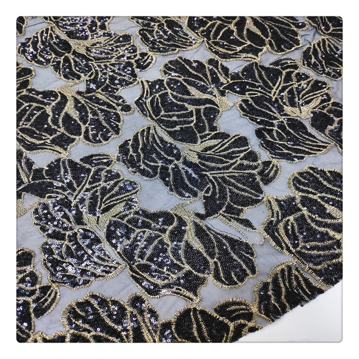 fleur jacquard tissu vêtements accessoires tissu à paillettes pour sublimation or noir