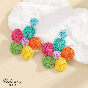 Colorful Woven Floral Earrings in Natural Raffia Texture