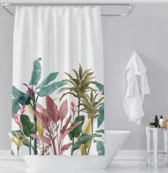 Black and White Flower Printed Long Fabric Shower Curtain