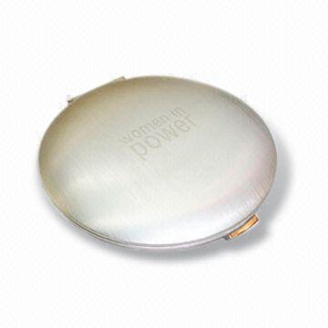 Brushed Silver Makeup Mirror with Laser Logo Printing, Customized Designs are Welcome