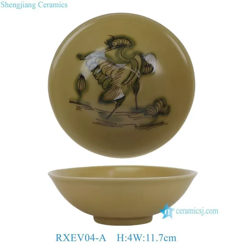4 Inch China Ancient Yellow Glaze Flower and Bird Pattern Ceramic Bowl