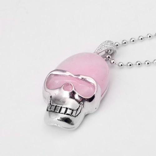 Rose Quartz Skull Gemstone Pendant Necklace