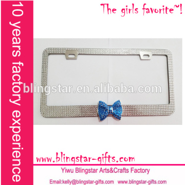 6 rows middle bow stainless steel rhinestone metal license plate frame