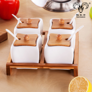 White Ceramic Canister with Lid and Spoon for Kitchen