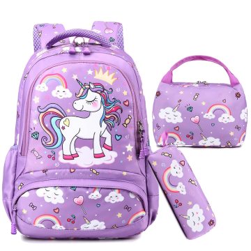 Custom Kids Unicorn Waterproof Backpack Set with Lunch and Pencil Bag for Girls
