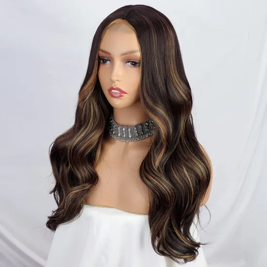 wholesale Fashionable Body Wave 100%brazilian virgin Dark Brown Highlight Blonde Wig Long Wavy transparent lace human hair wigs