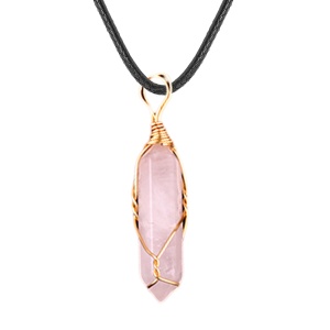 Rose Quartz Hexagonal Pointed( 8x32mm) Pendant Wrapped Gold Wire Necklace 45cm Black Cord