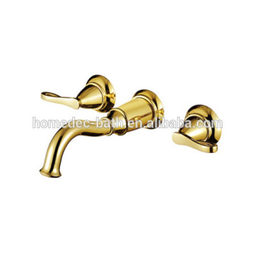 gold faucet Three Hole Double Handles Wall In Faucet With Spout