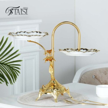BRY004C Golden Zinc Alloy 2-Layer Cake Stand - Wedding Luxury Porcelain Decorative Plate Dessert Tray