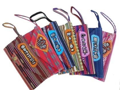 Ethnic Striped Fabric Long Wallet with Primitive Symbol Print