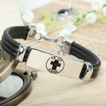 Zinc alloy religious christian cross metal bracelet with pu leather cord (I Trust In God)