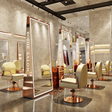 Double-Sided Gold LED Floor Mirror for Barber Shops and Salons