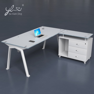 Luxury L-Shaped White Glass Office Desk with Drawers
