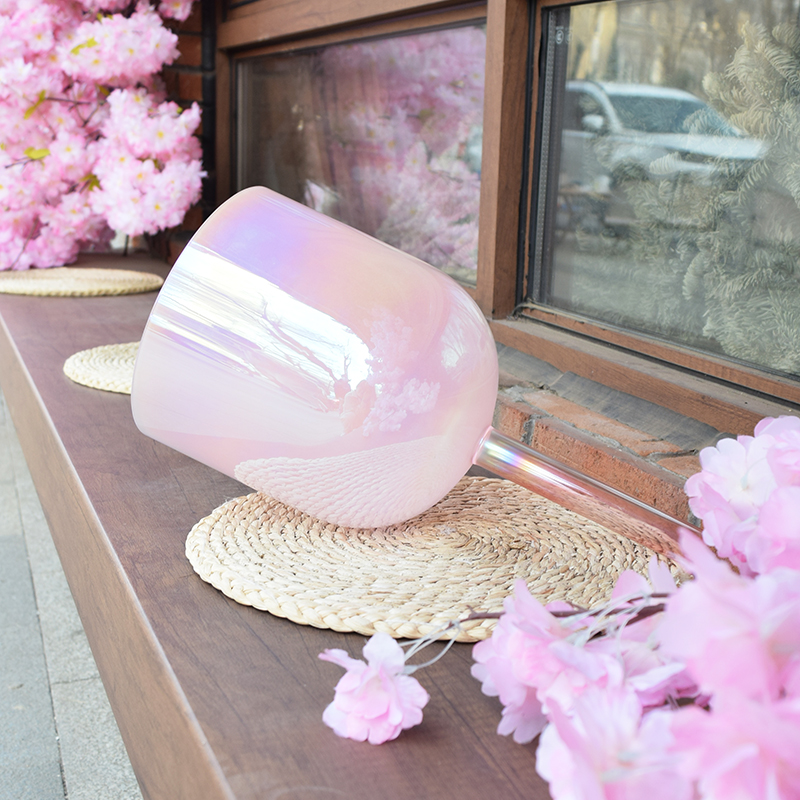 Q're Oriental Cherry Crystal Singing Bowl With Handle Clear Pink