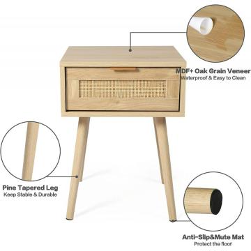 Mesa final moderna de la mesita de noche con 2 cajones de ratán, mesa de acento de madera de mesa auxiliar con almacenamiento para sala de estar de dormitorio