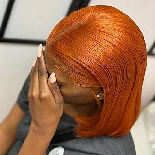14" Orange Synthetic Front Lace Wig No Glue Lace Wig for Women150% Density Silky Straight Hair Bob Wig 100% Human Hair Wholesale