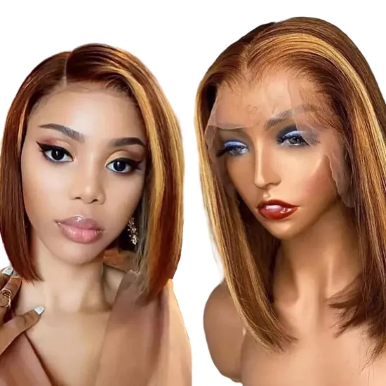 Highlight Short Bob Wigs 4/27 Color Human Hair Lace Front Wigs Brown Ombre Remy Hair Pre Plucked Swiss Lace Wigs For Black Women