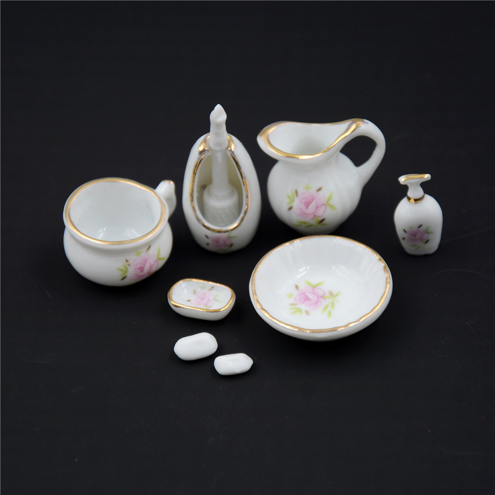 8Pcs 1/12 Miniature Floral Ceramic Pastel Rose Dollhouse Bath Decoration Dolls Gift Kit Dollhouse Furniture Bathroom Accessories