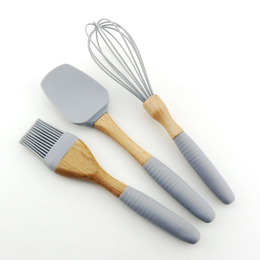 Utensílios de cozimento do silicone 3PCS com o punho da madeira de faia