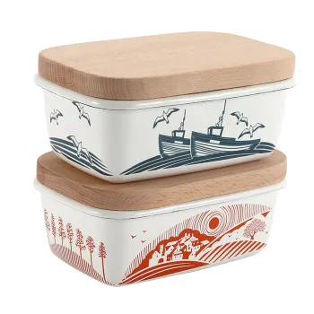High Quality FDA Standard White Decals Enamelware Camping Butter Bowls with Wooden Top