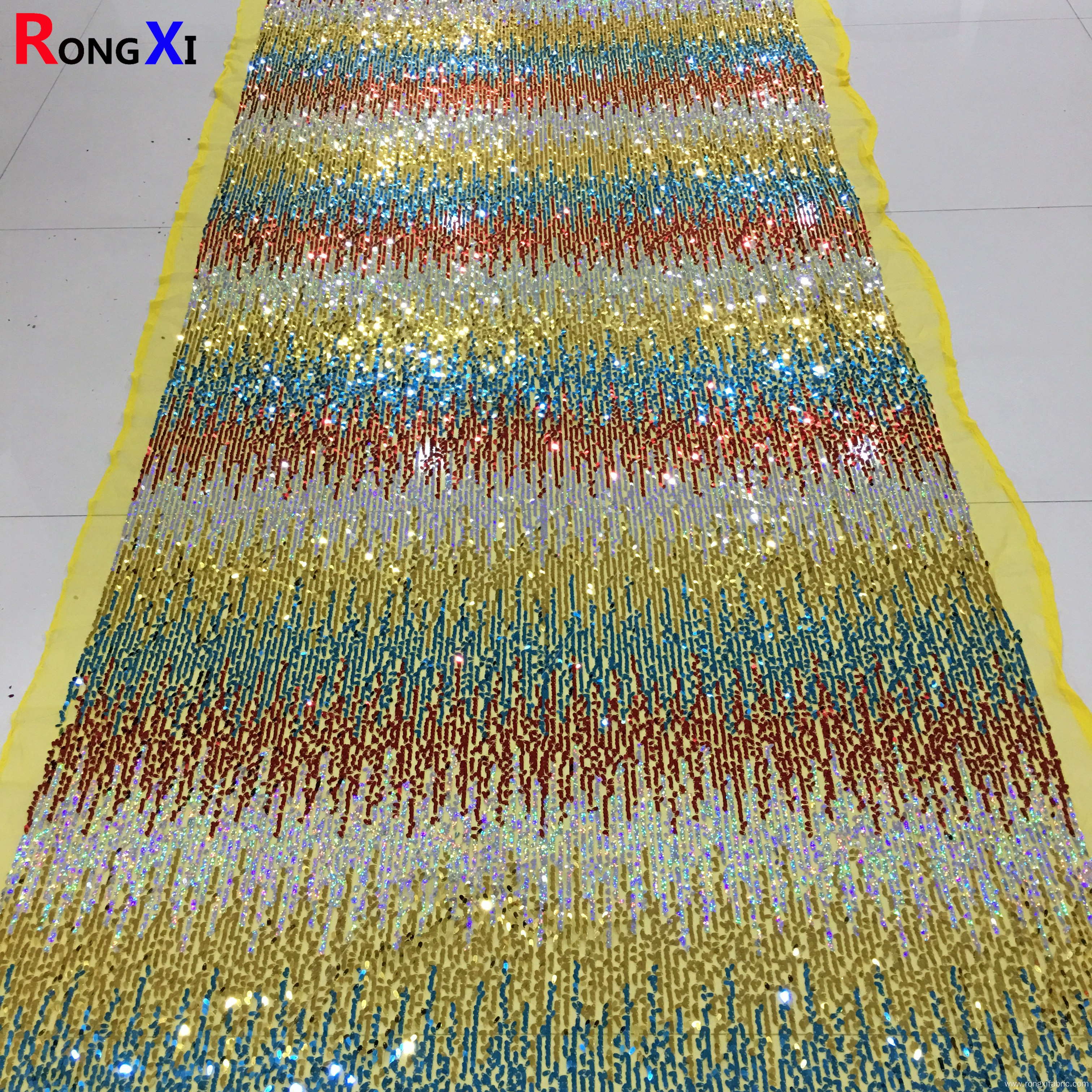 New Gold Multicoloured Tulle Design Sequin Fabric