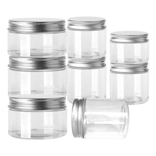 High Quality 150 ml 170 ml 200 ml 250 ml 300 ml Pots de compagnie en plastique transparent vides avec capuchon à vis en aluminium en argent doré