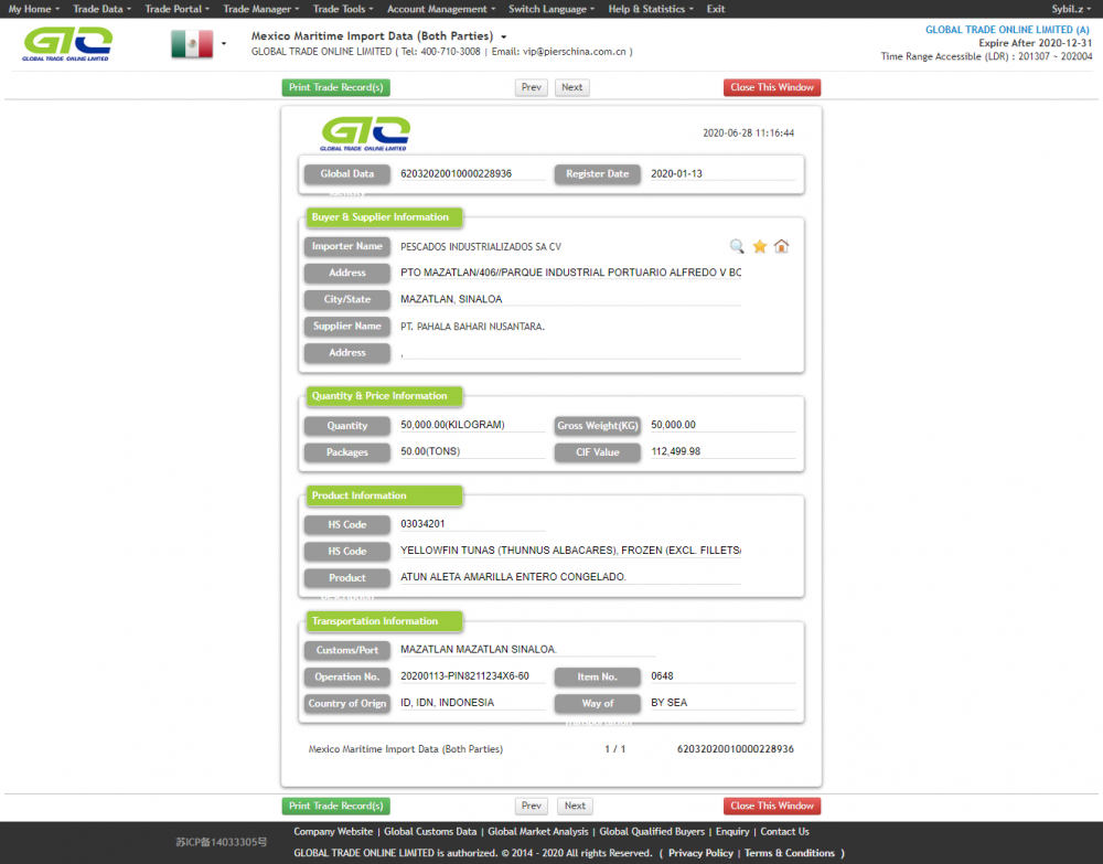 Mexico frozen tuna trading data samples