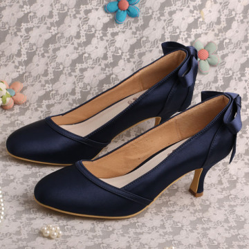 Navy Blue Satin Shoes Wedding Mid Heels