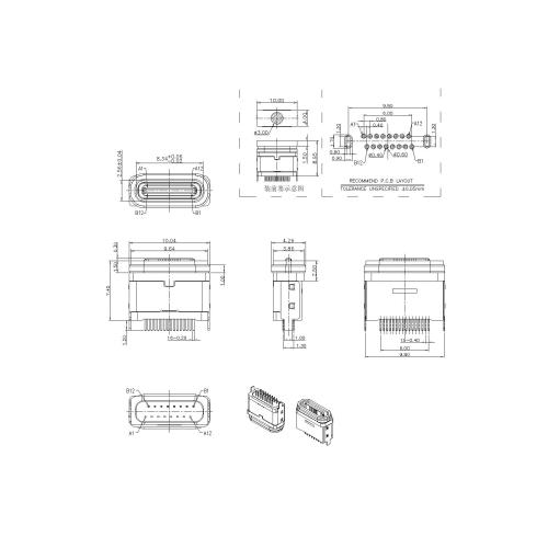 Type-C 16P Female Waterproof 180° DIP Type