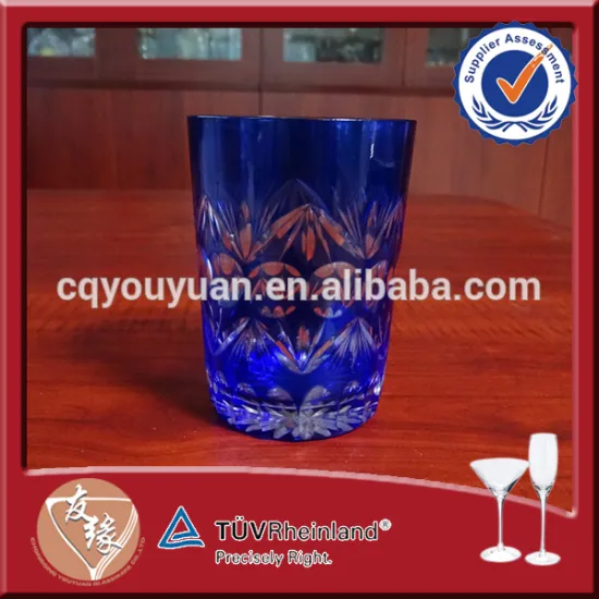 6.7oz handblown highball glass blue engraved round lead free drinking glass wholesale