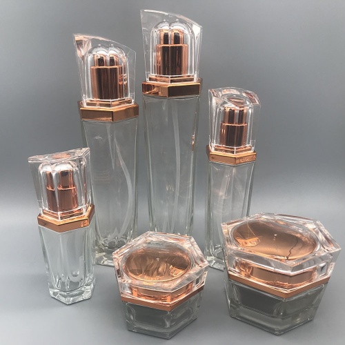 Sechseck-Glaskosmetik-Sprühflasche und -glas