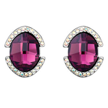 Rhodium-plated crystal stud earrings, made of brass and copper alloy