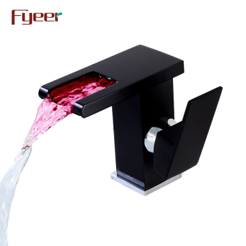 Fyeer Black Color Temperature Sensor Hydro Power Bathroom Waterfall LED Faucet