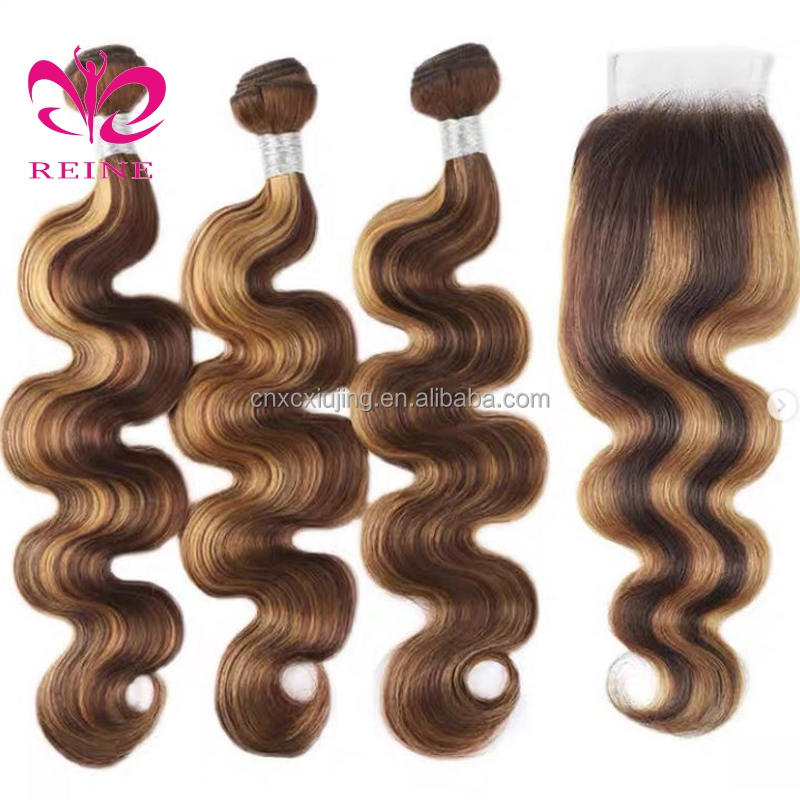 REINE Highlight Bundles With Closure Brazilian Body Wave Bundles With Closure Brown Remy Human Hair Bundles With Closure