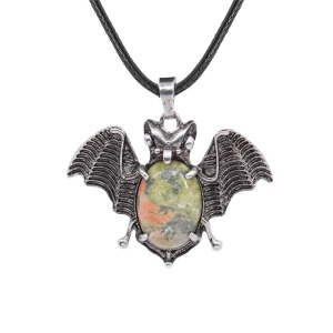 Unakite 13X18mm Cabs Antique Silver Alloy Antique Silver Alloy Bat Pendant Necklace 45cm Black Cord