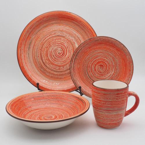 Ensemble de vaisselle en céramique peints en orange à la main en orange
