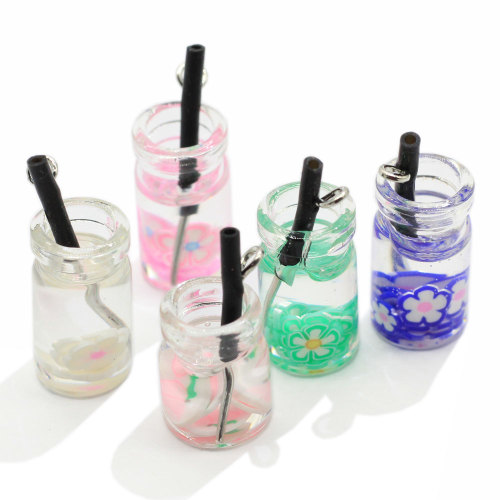 Kawaii Flower Tea Drink Bottle Decoration 3D Miniature Craft Glass Cup With 2mm Hook Diy Art Decor Beautiful Keychain Ornament