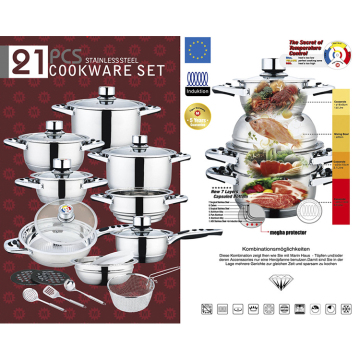 Set alat memasak keluli tahan karat gaya Jerman - 21pcs Jualan Panas