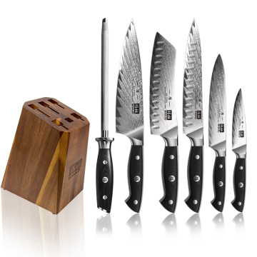 SHAN ZU 7-Piece Damascus Kitchen Knife Set: 67-Layer G10 Santoku Chef's Knife and Sharpener