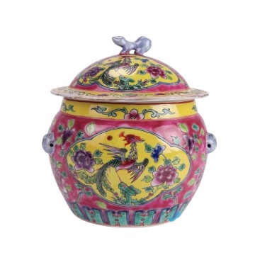 RZFA26-C Jingdezhen Porcelain Red Background Phoenix Peony Ceramic Rice Drum