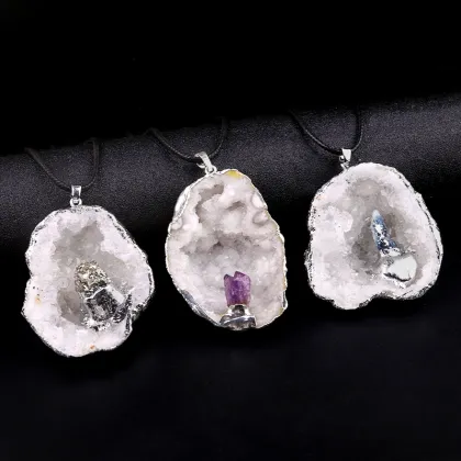 Black Tourmaline Bud Silver Druzy Crystal Cave Pendant Necklace 45CM Black Cord