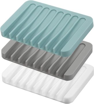Soft Plastic Self-Draining Silicone Soap Dish and Bar Soap Holder in White, Grey, and Black