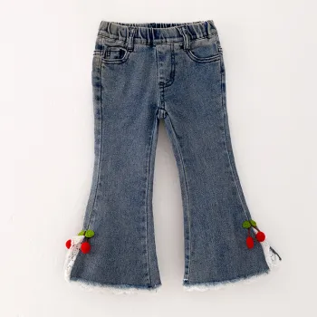 RTS In Stock: Denim Flare Pants & Bell Bottom Jeans for Baby, Kids, and Toddlers - Customized with Lace Cherry Pendant