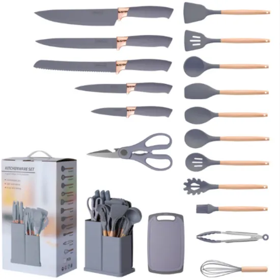 Wheat Straw Color Silicone Kitchen Utensils 19-Piece Set with Knife Holder Storage Rack