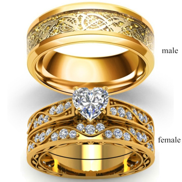 18K Gold Tone Dragon Design Stainless Steel Couple Wedding Ring Set with Zircon Heart Accents