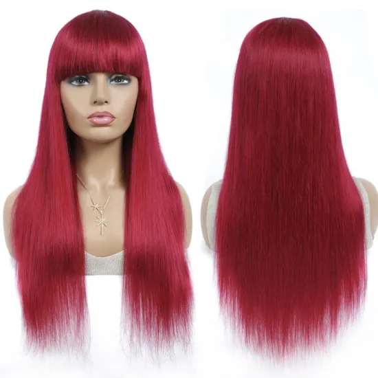 Wholesale Burgundy Red Human Hair Wigs With Bangs Brazilian Straight Non Lace Hair Wigs For Black Women Full Machine Made Wig